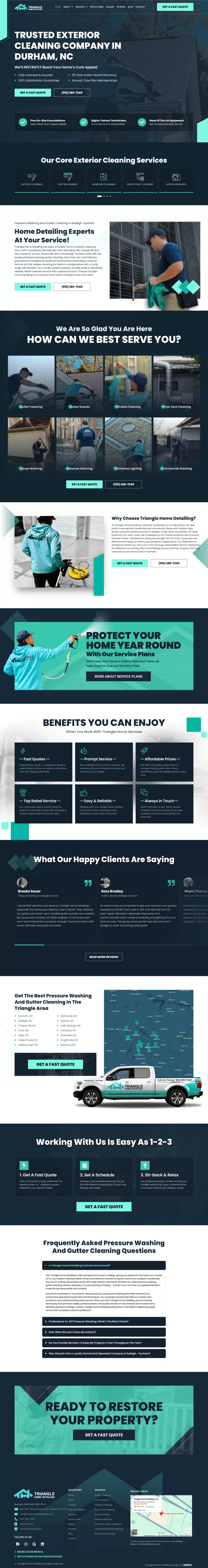 Webpage layout for an exterior cleaning company in Durham, NC, featuring service descriptions, client testimonials, and a call-to-action.