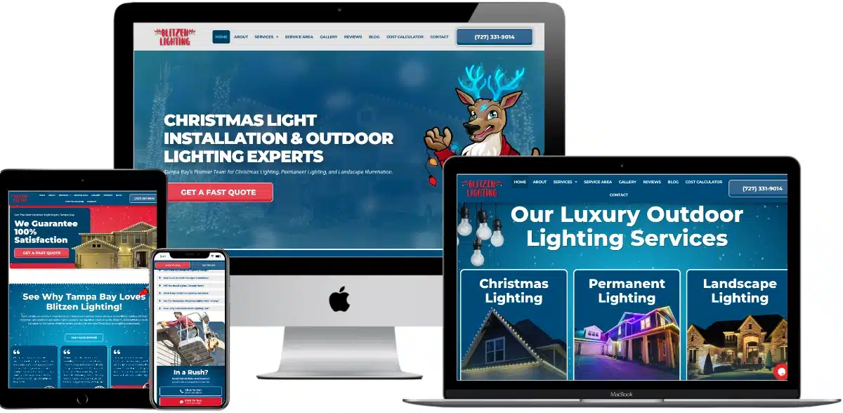 A Blitzen Lighting company website is displayed on a desktop, laptop, tablet, and smartphone, featuring festive graphics, holiday lights, and text promoting Blitzen Lighting’s installation and outdoor lighting services.