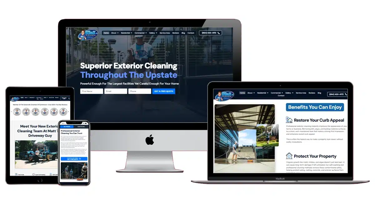 Four devices—a desktop computer, laptop, tablet, and smartphone—display the Matt The Driveway Guy exterior cleaning service website, showcasing its responsive design and consistent branding across all screen sizes.