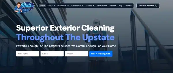 Website homepage for Matt The Driveway Guy, featuring a banner that reads Superior Exterior Cleaning Throughout The Upstate and a contact form for a free quote—simply enter your name, email, and phone number.