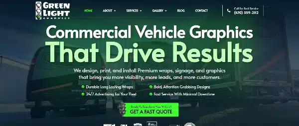 Web banner: headline Commercial Vehicle Graphics That Drive Results over two wrapped trucks, company logo and Get a Fast Quote button.