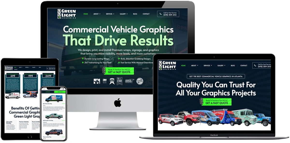 Desktop monitor, laptop, tablet and smartphone showing a vehicle graphics company website with images of wrapped trucks and bold headline text.